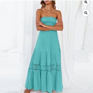 Aqua blue strapless smocked ruffle tiered maxi dress